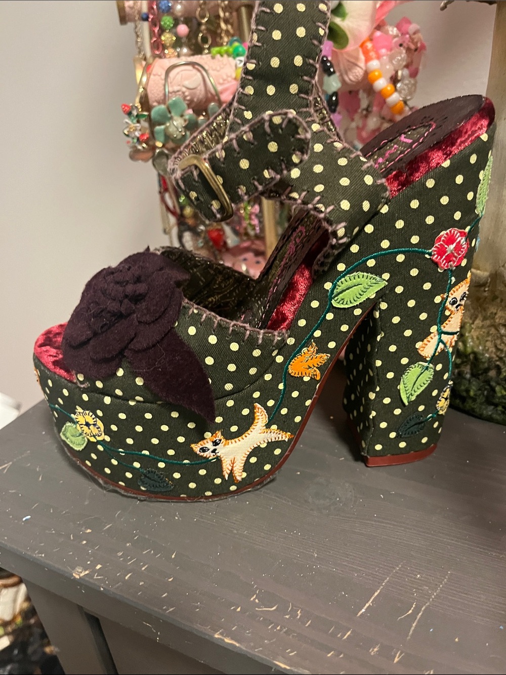 Irregular Choice Green Polka Dot Floral Platform Sandals - Picture 14 of 15